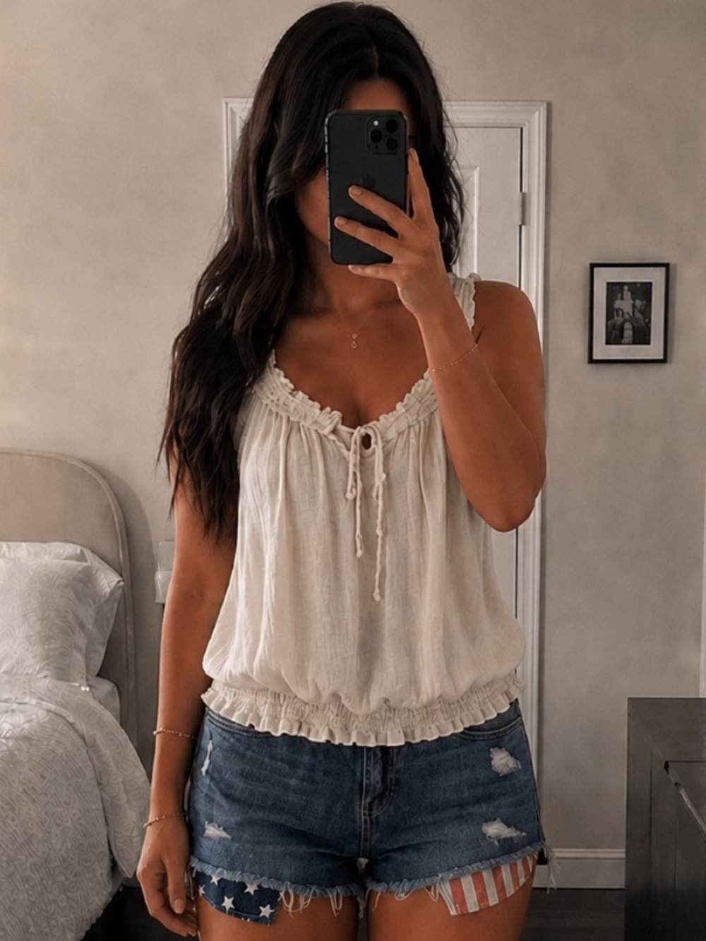 Light Cream Ruffled Tie-Front Tank Top